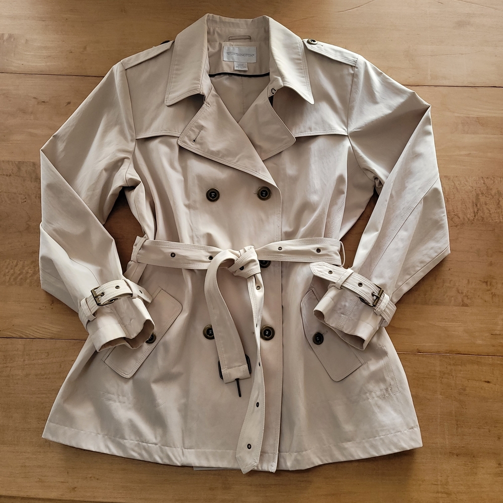 Classic Trench Coat w/ Belt Fit & Flare Worthington Swing Coat Tan Jacket Size L
